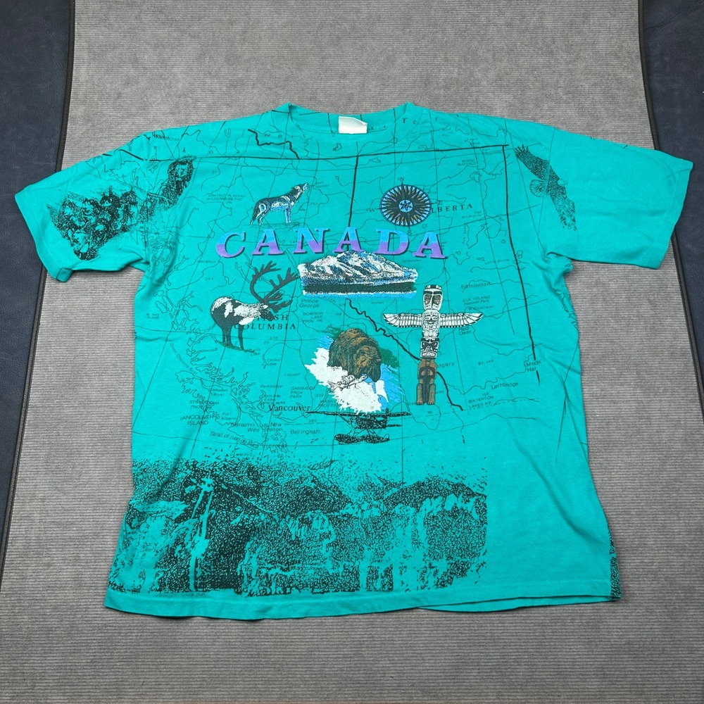 Vintage Canada T-Shirt Teal All Over Print Map British Columbia Alberta XL